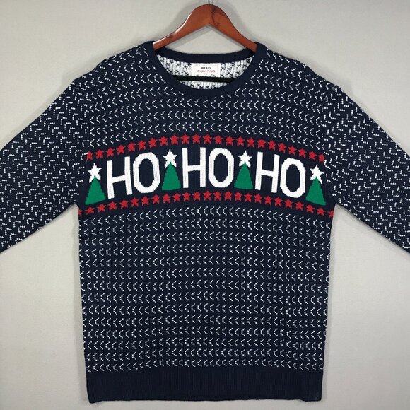 Daisys Boutique Sweater Men's Large Blue Knit Pullover Crew Christmas Ho Ho Ho - Picture 9 of 13